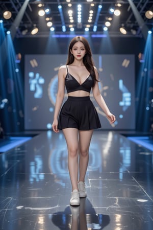 An 18-year-old girl, dressed in a school uniform, walks confidently on a futuristic runway, lit by digital spotlights. Her eyes are focused straight ahead, filled with passion and drive to achieve stardom, and a soft smile graces her face, adding a touch of warmth and optimism. Around her, holographic visuals of AI technology shimmer, symbolizing the modern world where her talent will shine. Full-body, capturing her strong posture, the energy of her smile, and the vibrant world of AI advancements.