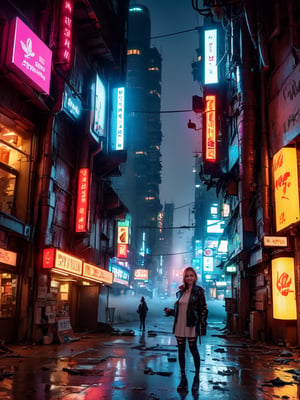 (masterpiece, high quality:1.5), (8K, HDR, ultra-detailed), photorealistic, 
BREAK
1girl, solo, upper body, cyberpunk girl, futuristic girl, against a misty post-apocalyptic cityscape, a humanoid robot stands tall, it is orange head and large black eyes surveying the desolate surroundings, wearing a black leather jacket, raises its right hand near its head, the urban street lined with neon signs and advertisements, futuristic glow amidst ruins, abandoned vehicles, dilapidated buildings, fog swirls around the robot, shrouding in mystery, dystopian landscape, dystopian cyberpunk, FuturEvoLabCyberpunk, FuturEvoLabGirl, 