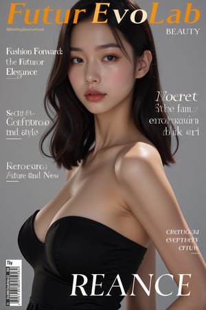 A high-fashion magazine cover featuring a close-up, upper-body shot of a beautiful Japanese female model with an enhanced bust size, confidently posing with elegance. Her sharp yet graceful facial features are highlighted, and she wears a stylish, modern outfit that accentuates her figure while maintaining a sophisticated and polished look. The background is a neutral gray with professional, magazine-quality lighting that enhances her photorealistic skin texture.

Across the cover, bold and stylish magazine text is displayed, including the title in elegant font: **"FuturEvoLab Beauty"** at the top. Other headlines include:
- **"Fashion Forward: The Future of Elegance"**
- **"Secrets to Confidence and Style"**
- **"Model of the Year: Embracing Allure and Power"**

The overall composition combines high-end fashion photography with captivating headlines that frame the model’s pose, drawing attention to her beauty and presence. The cover reflects sophistication, confidence, and modern fashion, with the FuturEvoLabBeautify aesthetic enhancing the visual impact.