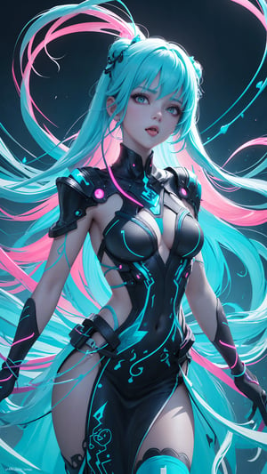 (masterpiece, best quality, fantasy, absurdres, concept art, 2.5D style), medium shot, womans hair is made from thin multicolored neon tendrils:1.5), (long thin multicolored neon string hair is flowing down her body), her hair made of thin multicolored neon tendrils is conforming to and covering her body forming a dress, neon fibers:1, cables of neon strings, cables and tech, intricate and detailed tech gear, chaos, mind blowing, beautiful detailed glow, neon tendrils, flowing, multicolored neon strings swirling around the character:1.47, intricate:1.2, detailed light:1.2, dim lit, muted color, teal and blue, hi-contrast, mid-saturation, high-res CG, dynamic angle