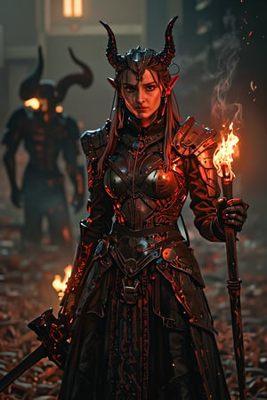 Cinematic portrait of a fearless medieval warrior woman, her determined gaze illuminating the foreboding darkness as she strides across the desolate landscape, fire torch ablaze in her steady hand. Intricate armor patterns gleam amidst misty veil, while hints of malevolent demons lurk in shadows, their dark silhouettes contrasting with warm golden light. Soft idyllic background whispers ancient mysticism, as warrior's resolute stride cuts through the eerie atmosphere. More detailing.,FuturEvoLabNinja