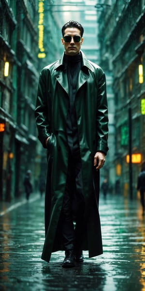 Matrix, full body, 1 man, black coat, sunglasses, green code rain,