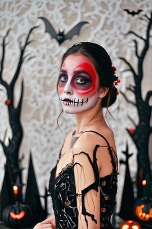 Halloween-themed minimalist portrait of a woman’s upper body, featuring abstract and blurred forms with eerie Halloween makeup; high-contrast color palette with red, black, and white. The image highlights feminine beauty with ample white space, soft gradients, and a hauntingly simple, artistic composition; masterpiece quality.