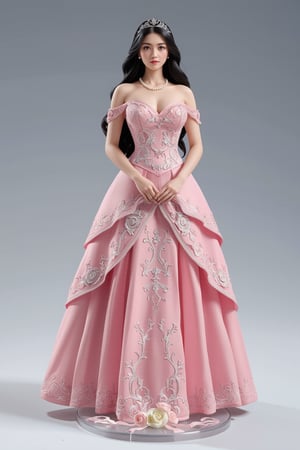 A high-quality anime-style figure of a stunning noblewoman, dressed in an elegant, flowing pink gown with intricate lace and embroidery. The figure features long, wavy black hair cascading down her back, beautifully styled to complement her regal appearance. Her gown is designed with a layered skirt that fans out gracefully, adorned with delicate floral patterns and shimmering gold accents, giving off a sense of royalty and grace. She is posed with her hands gently placed in front of her, exuding both elegance and refinement. The bodice of her dress is fitted, highlighting her graceful figure, while the voluminous skirt flows naturally around her. She stands on a clear, minimalistic base with soft, decorative elements like roses and ribbons, enhancing the overall noble and delicate atmosphere. Her expression is gentle yet poised, and her accessories include a pearl necklace and a tiara, completing the noble, princess-like aesthetic. The overall design captures both beauty and sophistication, blending classic aristocratic fashion with an ethereal charm.
