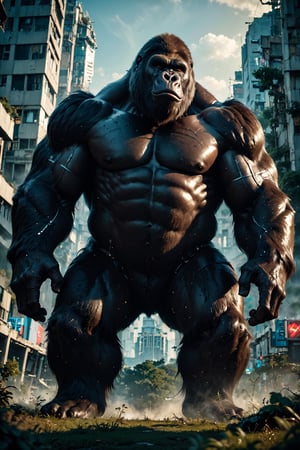 (Masterpiece:1.5), (Best quality:1.5), Cyberpunk style, full body, A towering King Kong, amidst a ruined city, bellows in fury. The massive creature, its fur a shimmering silver, muscles rippling beneath its majestic form, stands as a symbol of primal power and untamed beauty. This remarkable image is a digitally enhanced photograph, capturing every intricate detail with stunning clarity and depth. The backdrop of crumbling buildings and twisted metal only serves to enhance the gorilla's imposing presence, making it a truly unforgettable sight. With each pixel meticulously crafted, this image exudes a sense of awe and wonder, leaving viewers breathless in the face of such magnificence, King Kong,Magic Forest