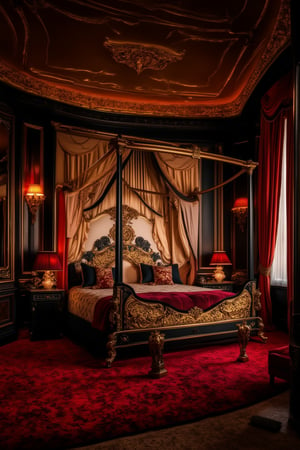 A majestic opulent bedroom with lavish furnishings: Soft golden light pours through floor-to-ceiling windows framing a stately four-poster bed, adorned with intricate carvings and sumptuous fabrics. Plush carpets in rich jewel tones cover the floor, while ornate mirrors and gilded picture frames add to the room's regal atmosphere.,FuturEvoLabRoom