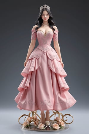 A high-quality anime-style figure of a stunning noblewoman, dressed in an elegant, flowing pink gown with intricate lace and embroidery. The figure features long, wavy black hair cascading down her back, beautifully styled to complement her regal appearance. Her gown is designed with a layered skirt that fans out gracefully, adorned with delicate floral patterns and shimmering gold accents, giving off a sense of royalty and grace. She is posed with her hands gently placed in front of her, exuding both elegance and refinement. The bodice of her dress is fitted, highlighting her graceful figure, while the voluminous skirt flows naturally around her. She stands on a clear, minimalistic base with soft, decorative elements like roses and ribbons, enhancing the overall noble and delicate atmosphere. Her expression is gentle yet poised, and her accessories include a pearl necklace and a tiara, completing the noble, princess-like aesthetic. The overall design captures both beauty and sophistication, blending classic aristocratic fashion with an ethereal charm.
