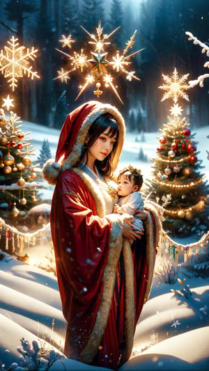 Highly detailed, High resolution scan, Unreal engine, Professional, 64K, UHD, HDR, Movie Poster, Ansel Adams
snowflake, Virgin Mary, Hold a baby in one's hand, archangel, Christmas tree, holy light, ,1girl, Japanese girl, BFMother,Santa Claus