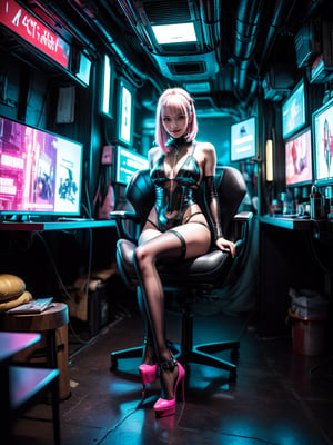(masterpiece, high quality:1.5), (8K, HDR, ultra-detailed), 
1girl, solo, cyberpunk girl, futuristic girl, 
full body, alone, girl, Matilda, transparent bodysuit, Cyberpunk girl, angry expression, dark horror atmosphere, cosmic terror, night, cyberpunk city, sexbodysuit, ruanyi0070, green theme, transparent bodystocking, high resolution, full image without cuts, girl sitting in front, symmetrical image, girl sitting in a cyberpunk armchair, surrounded by cables and screens, girl dressed in microbikini, tight transparent bikini, girl sitting in an armchair with her legs open, platform heel shoes, short bob hair, pink hair, girl sitting in a cyberpunk room, aviation full of screens and cables, pipes and ventilation ducts, dark atmosphere, cyberpunk, neon atmosphere
