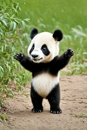 Adorable panda cub stands up, spreads arms and poses T-pose