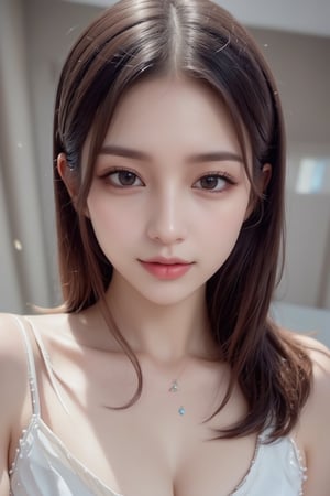 A close-up, eye-level shot of a beautiful young Japanese woman with medium brown hair, double eyelids, highly detailed glossy eyes, glossy pink lips, natural round breasts, translucent pale skin, wearing a white sleeveless dress, adorned with a necklace and earrings. The necklace is adorned with blue stones, adding a touch of sparkle to her outfit. The background is blurred, charming smile face, smile, stunning, creating a soft focus on the woman's face.