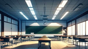 High-resolution, photorealistic image of an empty modern Japanese high school classroom. The perspective is a front-facing view, using a first-person perspective as if someone is lying on the ground looking upwards towards the ceiling. The composition is symmetrical. It is noon on a bright day, with sunlight streaming in from the windows at the side. In the distance, there is a large rectangular black display monitor, Bold design,