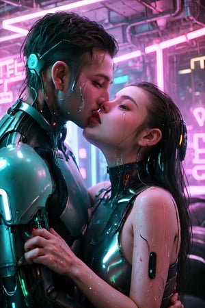 In Cyberpunk Couples Hotel, a man is kissing a woman's mouth, wet kissing, and neon lights are shining on two couples. A woman's mouth is very open and comfortable. Kiss of Cyborg