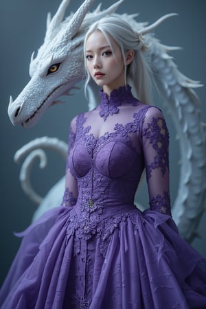 Extreme full body portrait of a woman, piercing eye, wisps of white hair visible, looking at viewer, reflecting the intricate purple lace of her gown and the shimmering scales of a white dragon,Spider spirit Fourth sister