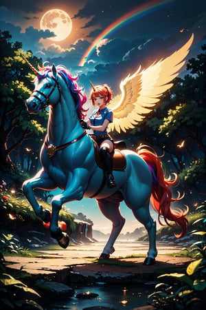 score_9, score_8_up, score_7_up, score_6_up, 
(Full body:1.5), 1girl, riding, horseback riding, (Unicorn, Rainbow Unicorn, Unicorn horn,  Angel wings), Magic Forest, Night sky, moon, fireflies, waterfalls, (Masterpiece, Best Quality, 8k:1.2), (Ultra-Detailed, Highres, Extremely Detailed, Absurdres, Incredibly Absurdres, Huge Filesize:1.1), (Photorealistic:1.3), By Futurevolab, Portrait, Ultra-Realistic Illustration, Digital Painting.,Rainbow Unicorn