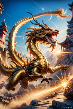 A powerful monkey warrior in armor stands atop a majestic golden Chinese dragon, radiating with boundless energy. The intricate scales of the dragon shimmer in the sunlight, with the warrior's determined expression showing readiness for battle, (Masterpiece, Best Quality, 8k:1.2), (Ultra-Detailed, Highres, Extremely Detailed, Absurdres, Incredibly Absurdres, Huge Filesize:1.1), Golden oriental dragon, dynamic pose, vibrant colors, intense battle aura, traditional Chinese landscape backdrop