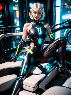 (masterpiece, high quality:1.5), (8K, HDR, ultra-detailed), 
1girl, beautiful girl, full body, looking at the viewer, cyberpunk girl, futuristic girl, futuristic outfit, bodysuit, robotic limbs, mechanical arms, lying, sitting, short hair, white hair, FuturEvoLabCyberpunk, FuturEvoLabGirl, FuturEvoLabMecha, FuturEvoLab, 