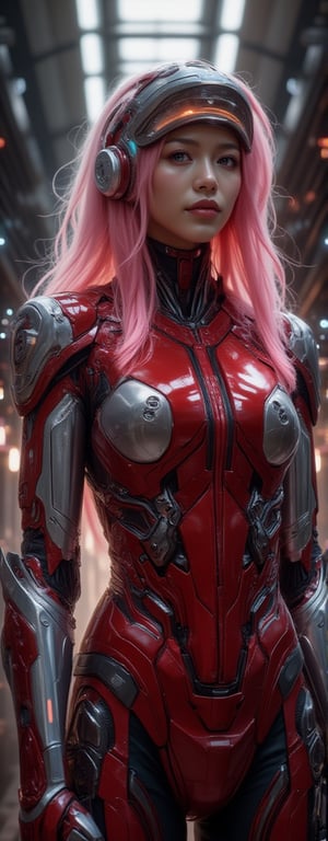 Best quality, masterpiece, ultra high res, (photorealistic:1.5), raw photo, (Masterpiece, Top Quality, Best Quality, Official Art, Beauty and Aesthetics: 1.2), A cybernetic warrior with long pink hair stands poised, her red and silver mech armor gleaming under a bright light source. The armor’s hard, metallic surfaces reflect the light like polished steel, creating brilliant reflections and sharp glimmers as she moves. The gleaming metal gives off a cool, futuristic vibe, highlighting the precision and craftsmanship of her suit. Her calm demeanor is enhanced by the dynamic lighting, which creates strong contrasts between her serene expression and the glowing reflections on her armor. The metallic headgear shines with an ethereal glow, completing the high-tech, sci-fi aesthetic. Eroflo,FuturEvoLabScene