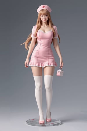 A high-quality anime-style figure of a stunning nurse, dressed in a cute and elegant pink nurse uniform. The figure features long, flowing hair cascading down her back, with a soft, gentle expression that exudes warmth and care. She is wearing a traditional nurse outfit, including a fitted pink dress with white accents and a matching pink nurse cap with a red cross emblem. Her dress is designed with delicate details, such as lace trim around the edges, and slightly flared at the hem, giving it a graceful, feminine touch. She holds a clipboard in one hand and a small medical kit in the other, adding to the authentic nurse aesthetic. Her stockings are white, paired with simple pink shoes, completing the professional yet cute look. The figure stands on a clear, minimalistic base with soft medical-themed elements, like a stethoscope and tiny red hearts, enhancing the nurturing, caring atmosphere. Her expression is kind and welcoming, making her appear as a compassionate and skilled nurse in a soft, pink-themed setting.
