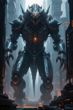 A gigantic alien monster towering over a futuristic city, its massive form covered in bioluminescent armor-like skin, with glowing eyes and sharp claws. The creature’s limbs stretch across skyscrapers, smashing through buildings as its tail whips through the city. The futuristic city beneath is filled with towering, neon-lit skyscrapers, flying vehicles, and advanced technology, all thrown into chaos as the alien monster rampages,FuturEvoLabGiant,FuturEvoLabMecha,FuturEvoLabArmor