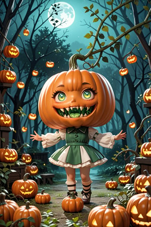 score_9, score_8_up, score_7_up, (ultra realistic,32k, masterpiece:1.2), source_cartoon, cute pumpkin monster, big glowing eyes, jagged mouth, vines for arms and legs, BREAK, spooky forest background, misty atmosphere, moonlit night, BREAK, eerie green glow, dynamic pose, slightly creepy but adorable