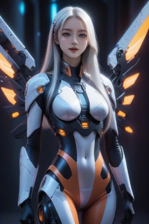 masterpiece, best quality, realistic, full body, 1girl, solo, long hair, standing, white hair, cowboy shot, Cyberpunk background,  looking at viewer, FuturEvoLabMecha, FuturEvoLabCyberpunk, 