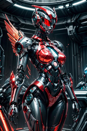 ((high resolution)), ((8K)), ((incredibly absurdres)), break. (super detailed metallic skin), (an extremely delicate and beautiful:1.3), break, ((1robot:1.5)), ((slender body)), (medium breasts), (beautiful hand), ((metallic body:1.3)), ((cyber helmet with full-face mask:1.4)), break. ((no hair:1.3)) , (blue glowing lines on one's body:1.2), break. ((intricate internal structure)), ((brighten parts:1.5)), break. ((robotic face:1.2)), (robotic arms), (robotic legs), (robotic hands), ((robotic joint:1.2)), (Cinematic angle), (ultra-fine quality), (masterpiece), (best quality), (incredibly absurdres), (highly detailed), high res, high detail eyes, high detail background, sharp focus, (photon mapping, radiosity, physically-based rendering, automatic white balance), masterpiece, best quality, ((Mecha body)), furure_urban, incredibly absurdres, science fiction, Fire Angel Mecha,Golden Warrior Mecha,Green Crystal Mecha,Red mecha