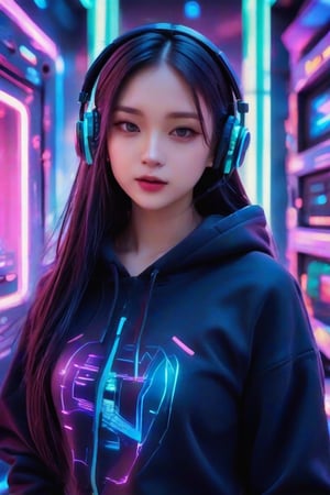 masterpiece, best quality, photorealistic, 1girl, solo, long straight hair, jet-black hair with neon highlights, looking at viewer, upper body, Cybernetic Lab Background, minimal background, neon blue and green lighting, soft shadows, focused expression, detailed skin, smooth features, cyber setup, classic portrait style, high clarity, simple background, cinematic lighting, wearing a sleek black hoodie with holographic elements and high-tech headphones, futuristic and edgy, FuturEvoLabMecha, FuturEvoLabAnime,FuturEvoLabCyberpunk