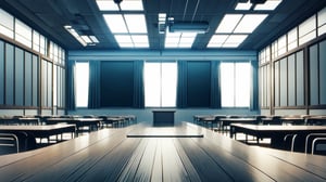 High-resolution, photorealistic image of an empty modern Japanese high school classroom. The perspective is a front-facing view, using a first-person perspective as if someone is lying on the ground looking upwards towards the ceiling. The composition is symmetrical. It is noon on a bright day, with sunlight streaming in from the windows at the side. In the distance, there is a large rectangular black display monitor, Bold design,