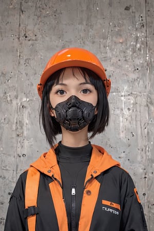 1girl, solo, looking at viewer, short hair, black hair, hat, jacket, upper body, hood, black eyes, mask, helmet, mouth mask, orange headwear, orange theme, cyberpunk,FuturEvoLab-girl,FuturEvoLab-mecha,FuturEvoLab-Bunny