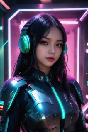 masterpiece, best quality, photorealistic, 1girl, solo, long straight hair, jet-black hair with neon green highlights, looking at viewer, upper body, Cybernetic Lab Background with deep depth of field, neon green and purple lighting, soft shadows, determined expression, detailed skin, smooth features, cyber setup, classic portrait style, high clarity, simple background, cinematic lighting, wearing a holographic combat suit with sleek armor plating and advanced tactical headphones, futuristic and powerful, FuturEvoLabMecha, FuturEvoLabAnime