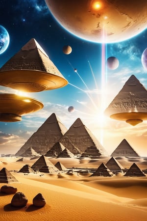 Unleash your imagination and explore the possibilities of a parallel universe - envision a sky filled with UFOs hovering over the iconic Egyptian pyramids, their sleek metallic bodies a stark contrast to the sandy landscape
