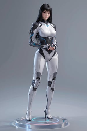 A high-quality anime-style figure of a stunning futuristic mech girl, dressed in sleek, high-tech armor. The figure features long, flowing black hair with a metallic sheen, cascading down her back, and her body is encased in a slim-fitting, glossy white and silver exosuit, highlighting her futuristic appearance. She is posed leaning slightly forward, with her hands resting together, exuding both elegance and power. Her armor is intricately designed, with glowing neon blue lines running across her body, giving off a high-tech, cybernetic vibe. Her legs are clad in form-fitting, armored plating that accentuates her sleek silhouette, with mechanical joints and robotic details visible at the knees and ankles. She stands on a clear, minimalistic base with holographic elements that create a sense of hovering technology. The design includes advanced weaponry subtly integrated into her armor, and her pose and expression blend grace with the strength of a high-tech warrior., FuturEvoLabGiant, 