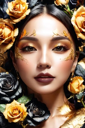 Woman with a mysterious face, surrounded by realistic flowers and Gold Edged Black Roses, high resolution, ultra detailed, vibrant colors, by FuturEvoLab, (masterpiece: 2), best quality, perfect lighting, rich textures, harmonious composition