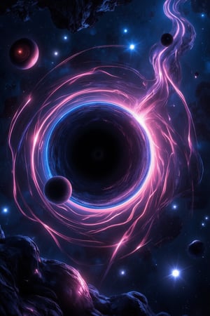 A fantastical and highly realistic black hole scene set in deep space, where the laws of physics seem to break down. The black hole itself is a pitch-black sphere with a glowing, swirling accretion disk of vibrant colors—deep purples, blues, and fiery reds. Light from distant stars bends dramatically around the black hole, creating a gravitational lensing effect that warps the space around it. Streams of energy and particles spiral toward the event horizon, while nearby celestial bodies seem to stretch and elongate as they are drawn into the black hole's pull. The scene is richly detailed, blending real scientific phenomena with the awe-inspiring beauty of the cosmos, FuturEvoLabScene