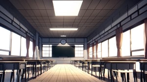 High-resolution, photorealistic image of an empty modern Japanese high school classroom. The perspective is a front-facing view, using a first-person perspective as if someone is lying on the ground looking upwards towards the ceiling. The composition is symmetrical. It is noon on a bright day, with sunlight streaming in from the windows at the side. In the distance, there is a large rectangular black display monitor, Bold design,