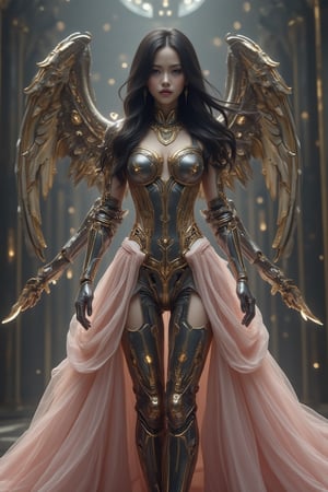 In this mesmerizing scene, a gothic girl stands majestically against a backdrop of opulent marble splendor. Her porcelain-white skin and flowing black hair create a stark contrast against the soft pink fabric of her gown, intricately woven with lace and satin. The iron armor she wears, engraved with steel runes, tells a tale of grandeur and strength. Behind her, mechanical wings, sparkling like stars, unfold gracefully, defying conventional beauty. Amidst the ghostly echoes of a lavish past, she moves with poetic chaos, her dark, enigmatic eyes capturing the melancholy essence of a world suspended between the audacious legacy of its history and the innovative promise of its future.,FuturEvoLabMecha,FuturEvoLabArmor