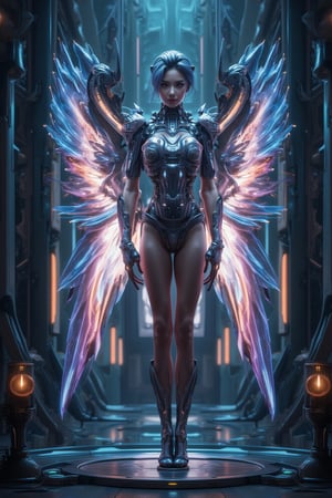 A futuristic angelic maiden, radiating ethereal beauty, stands poised on a gleaming metallic platform amidst a kaleidoscope of swirling lights and holographic projections. Her slender form is adorned with iridescent mechanical wings that shimmer and glow with an intense luminosity, as if infused with the essence of stardust.,FuturEvoLabArmor