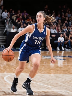 A stunningly athletic basketball girl with porcelain-like white skin, her appearance exudes beauty and grace. A dynamic portrait captures her in mid-dribble, showcasing her physical prowess and confidence. Every detail is meticulously rendered, from her elegant posture to the vibrant colors of her jersey and the intensity in her gaze. The image radiates power and energy, drawing viewers into the captivating world of sports and athleticism.