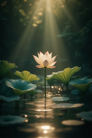 Capture the serene atmosphere of a tranquil pond, where a stunning lotus flower blooms amidst a tapestry of delicate green leaves. Softly glowing, the lotus's petals refract divine light, casting an ethereal aura across the surrounding water. The sun's gentle warmth illuminates the scene, with subtle ripples on the surface of the pond, as if the heavens themselves are reflected in its serene beauty.,FuturEvoLabElegant,FuturEvoLabScene