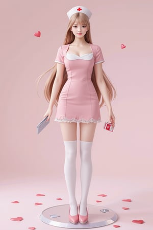 A high-quality anime-style figure of a stunning nurse, dressed in a cute and elegant pink nurse uniform. The figure features long, flowing hair cascading down her back, with a soft, gentle expression that exudes warmth and care. She is wearing a traditional nurse outfit, including a fitted pink dress with white accents and a matching pink nurse cap with a red cross emblem. Her dress is designed with delicate details, such as lace trim around the edges, and slightly flared at the hem, giving it a graceful, feminine touch. She holds a clipboard in one hand and a small medical kit in the other, adding to the authentic nurse aesthetic. Her stockings are white, paired with simple pink shoes, completing the professional yet cute look. The figure stands on a clear, minimalistic base with soft medical-themed elements, like a stethoscope and tiny red hearts, enhancing the nurturing, caring atmosphere. Her expression is kind and welcoming, making her appear as a compassionate and skilled nurse in a soft, pink-themed setting.
