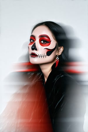 Halloween-themed minimalist portrait of a woman’s upper body, featuring abstract and blurred forms with eerie Halloween makeup; high-contrast color palette with red, black, and white. The image highlights feminine beauty with ample white space, soft gradients, and a hauntingly simple, artistic composition; masterpiece quality.