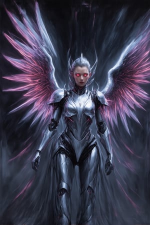 A dazzlingly radiant void voyager in a digital anime, every pixel pulsates with energy amidst the vast emptiness: metallic silver armor adorned with glowing neon accents, ethereal holographic wings shimmering in the digital ether, and piercing crimson eyes glowing with otherworldly power. The image is a digital painting, showcasing intricate details and vibrant colors that leap off the screen. This captivating depiction seamlessly blends futuristic technology with mystical allure, immersing viewers in the mesmerizing world of digital sorcery.,FuturEvoLabStyle