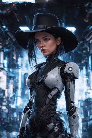 Generate a masterpiece-quality image featuring a solo girl with black hair, standing in a cowboy shot on a black background. She should be looking directly at the viewer. The scene should incorporate elements of Mecha, Cyberpunk, City, and Anime. The girl's design should blend futuristic and cyberpunk aesthetics, possibly featuring advanced mechanical or robotic elements integrated into her outfit or appearance. The overall mood should be sleek and modern, capturing the essence of a futuristic, high-tech world. FuturEvoLabWings