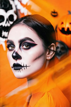 Halloween theme, Halloween makeup, Minimalist close-up of a woman’s face, with abstract and blurred forms highlighting feminine beauty, High-contrast color collision with stunning simplicity, ample white space, and an artful composition, masterpiece quality.