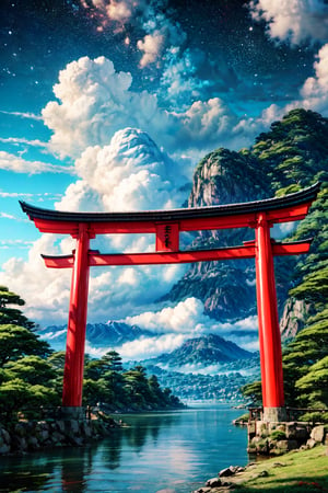 (Masterpiece, High quality), 64K, Unity 64K Wallpaper, HDR, Best Quality, RAW, Super Fine Photography, Super High Resolution, Super Detailed, Photographer's masterpiece, artist's masterpiece, by FuturEvoLab, Perfect proportions, Beautiful and Aesthetic, Stunningly beautiful, 
Pure scenery, (torii), Japanese scenery, Japanese shrine, night sky, gorgeous starry sky, brilliant lake,