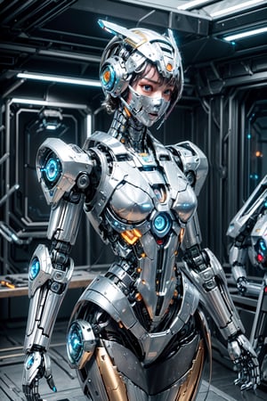 ((high resolution)), ((8K)), ((incredibly absurdres)), break. (super detailed metallic skin), (an extremely delicate and beautiful:1.3), break, ((1robot:1.5)), ((slender body)), (medium breasts), (beautiful hand), ((metallic body:1.3)), ((cyber helmet with full-face mask:1.4)), break. ((no hair:1.3)) , (blue glowing lines on one's body:1.2), break. ((intricate internal structure)), ((brighten parts:1.5)), break. ((robotic face:1.2)), (robotic arms), (robotic legs), (robotic hands), ((robotic joint:1.2)), (Cinematic angle), (ultra-fine quality), (masterpiece), (best quality), (incredibly absurdres), (highly detailed), high res, high detail eyes, high detail background, sharp focus, (photon mapping, radiosity, physically-based rendering, automatic white balance), masterpiece, best quality, ((Mecha body)), furure_urban, incredibly absurdres, science fiction, Fire Angel Mecha,Golden Warrior Mecha
