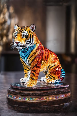 Carved from crystal, a majestic tiger statue stands with stunning elegance and precision. The tiger's mane glows with a mesmerizing array of colors, reflecting light in an enchanting way. This exquisite sculpture captures the essence of strength and grace in a still image. The craftsmanship is impeccable, with every detail meticulously rendered to perfection. Truly a work of art that embodies beauty and skill in its creation, FuturEvoLabStyle, 