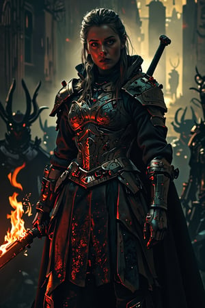 Cinematic portrait of a fearless medieval warrior woman, her determined gaze illuminating the foreboding darkness as she strides across the desolate landscape, fire torch ablaze in her steady hand. Intricate armor patterns gleam amidst misty veil, while hints of malevolent demons lurk in shadows, their dark silhouettes contrasting with warm golden light. Soft idyllic background whispers ancient mysticism, as warrior's resolute stride cuts through the eerie atmosphere. More detailing.,FuturEvoLabNinja