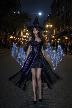 A high-quality anime-style illustration of a beautiful witch walking down a dark, empty street at night, followed by multiple transparent, ghostly spirits. She wears an elegant black and violet witch dress, complete with a pointed hat and flowing cape that catches the night breeze. Her expression is confident and calm, with a subtle, enchanting smile as she glances over her shoulder at the ghostly figures trailing behind her.

The spirits are faint and ethereal, with glowing eyes and soft, misty outlines that give them a haunting, otherworldly presence. The street is decorated with Halloween elements—flickering jack-o'-lanterns, shadowy trees, and dim street lamps casting eerie glows. Shadows dance across the cobblestone path, while moonlight and the faint glow of the spirits create a magical yet eerie atmosphere, perfectly blending the charm of the witch with the supernatural allure of Halloween night.
